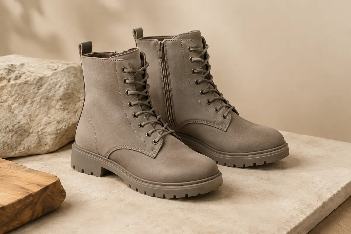 Bottines femme Elara à tige cheville et lacets, en matière synthétique, présentées sur un fond sable.