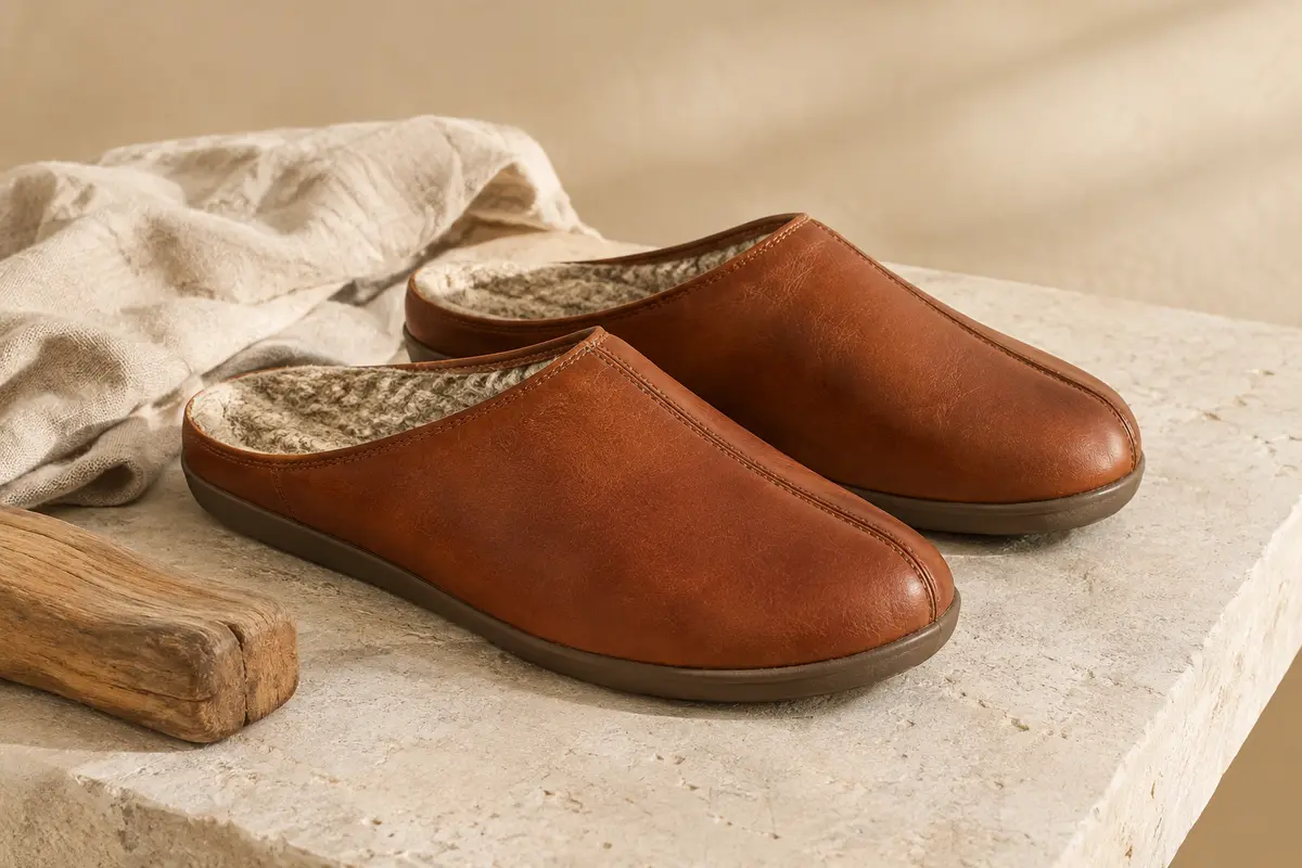 Paire de mules homme ESTRO en cuir rouille, avec intérieur en laine et semelle synthétique.