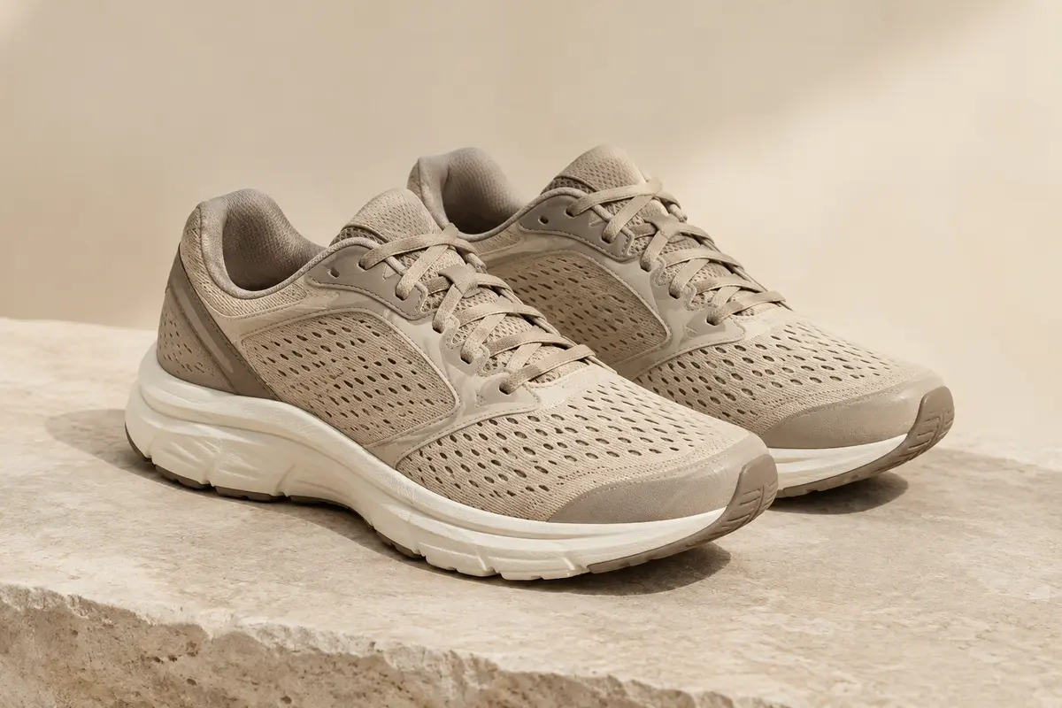 Paire de baskets de running Feethit pour homme en matière synthétique, posée sur une pierre claire