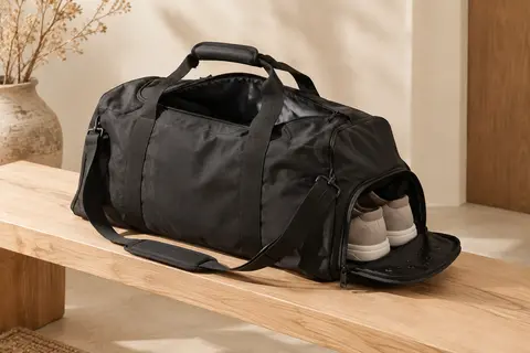 Sac de voyage souple noir avec poche à chaussures séparée, posé sur un banc en bois clair dans une lumière douce.