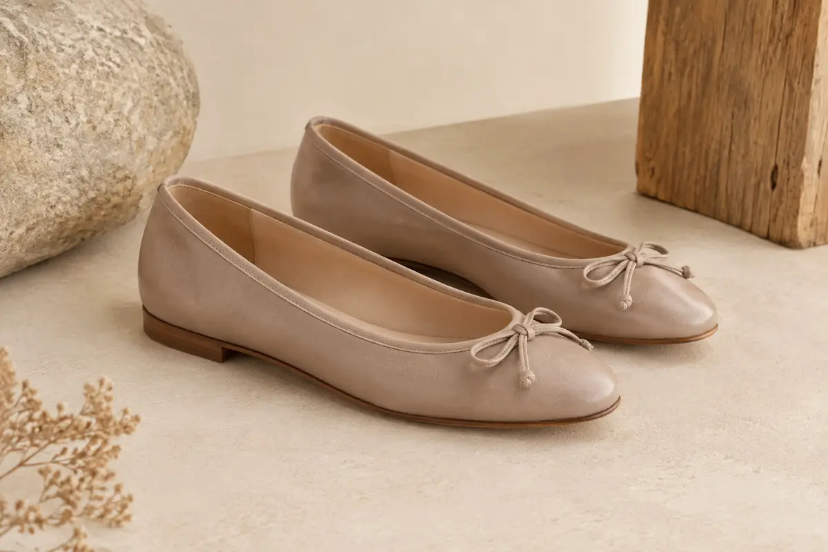Ballerines en cuir avec petit nœud sur le devant et talon bas, présentées sur un fond clair.