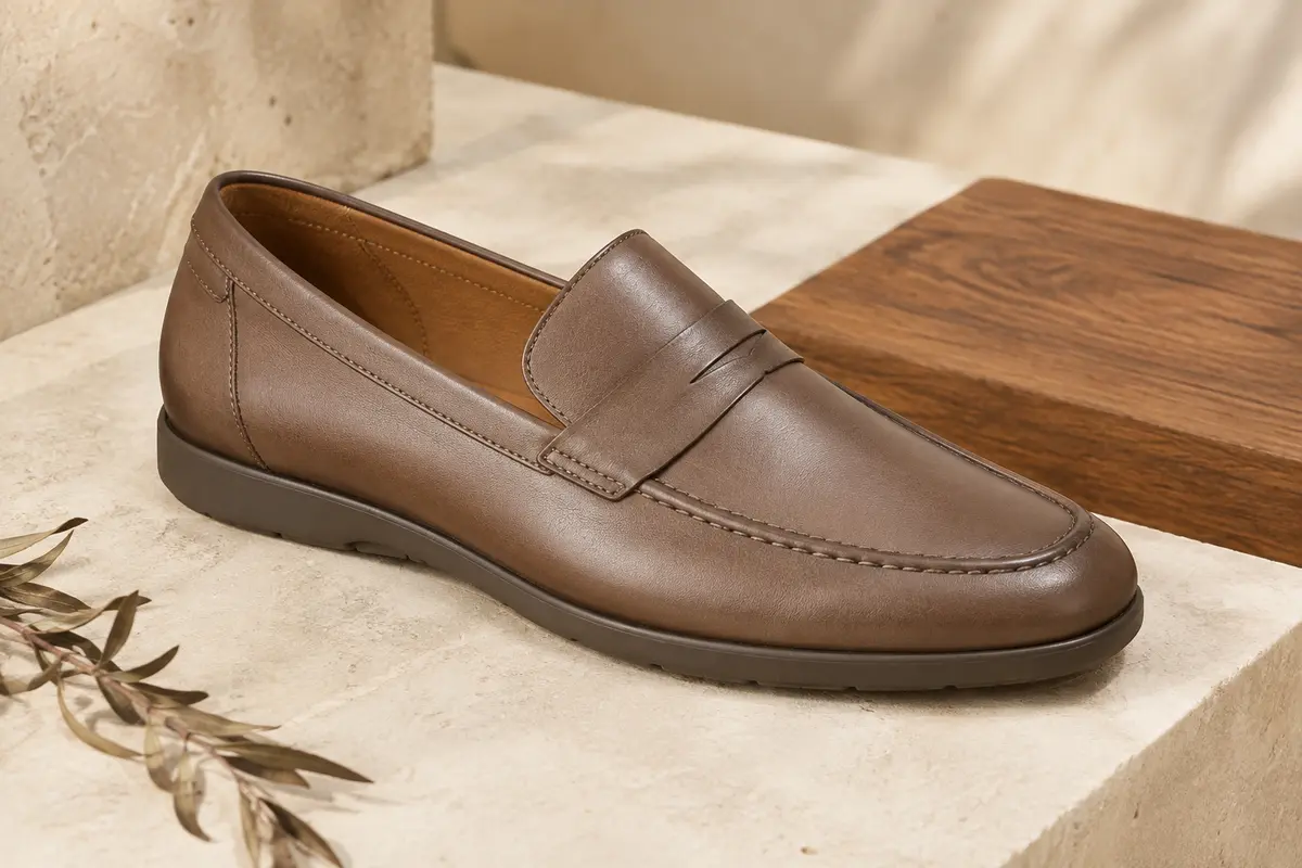Mocassin homme sans fermeture en cuir lisse, bout large et semelle en caoutchouc, posé sur pierre claire.