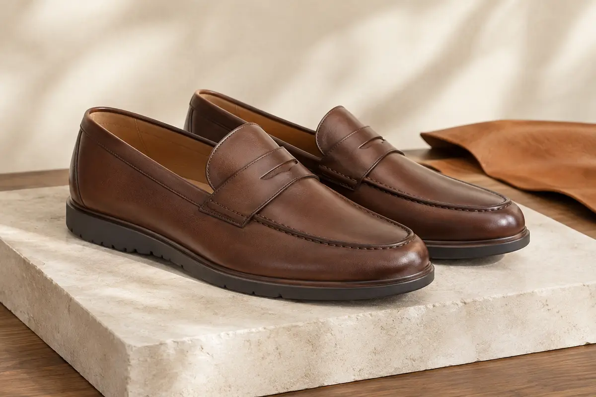 Mocassins pour homme en cuir lisse et semelles en caoutchouc, posés sur une pierre mate claire.