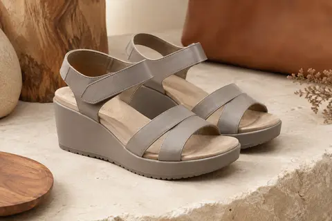 Sandales synthétiques à bout ouvert, brides graphiques, fermeture Velcro et talon compensé épais.