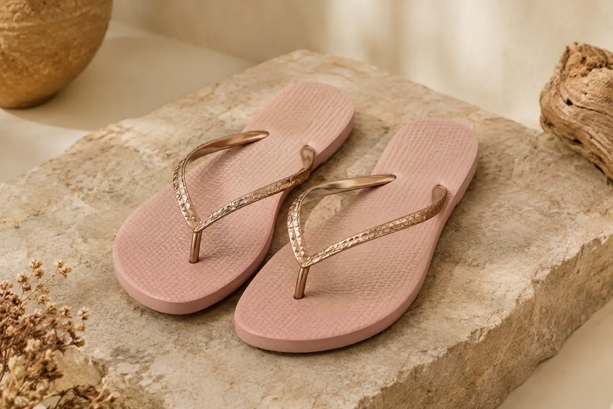 Paire de tongs femme rose or à brides métalliques graphiques, posée sur une pierre couleur sable.
