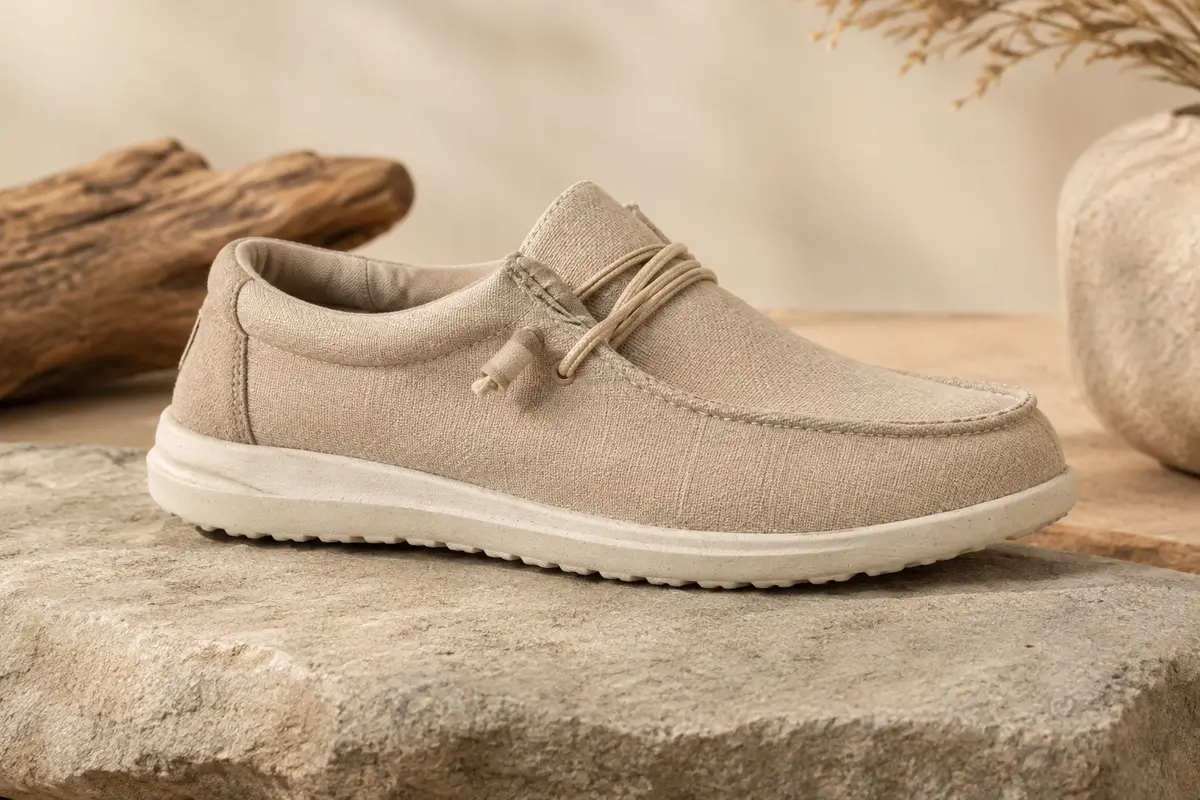 Mocassin homme en toile beige avec laçage facile à enfiler et semelle extérieure en caoutchouc