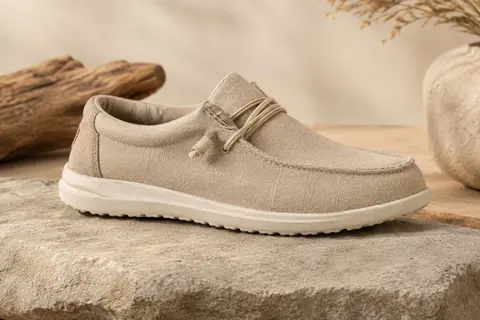 Mocassin homme en toile beige avec laçage facile à enfiler et semelle extérieure en caoutchouc