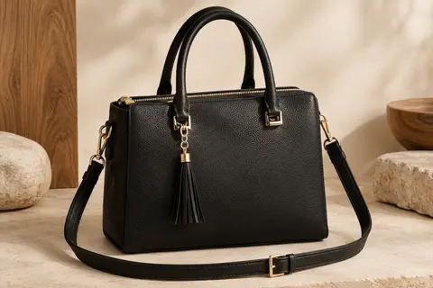 Sac à main noir IGOLUMON en simili cuir, avec poignées, bandoulière et pompon amovible.