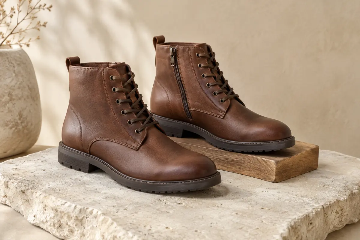 Bottines homme en cuir brun à lacets et fermeture éclair, posées sur un fond sable.