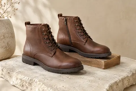 Bottines homme en cuir brun à lacets et fermeture éclair, posées sur un fond sable.