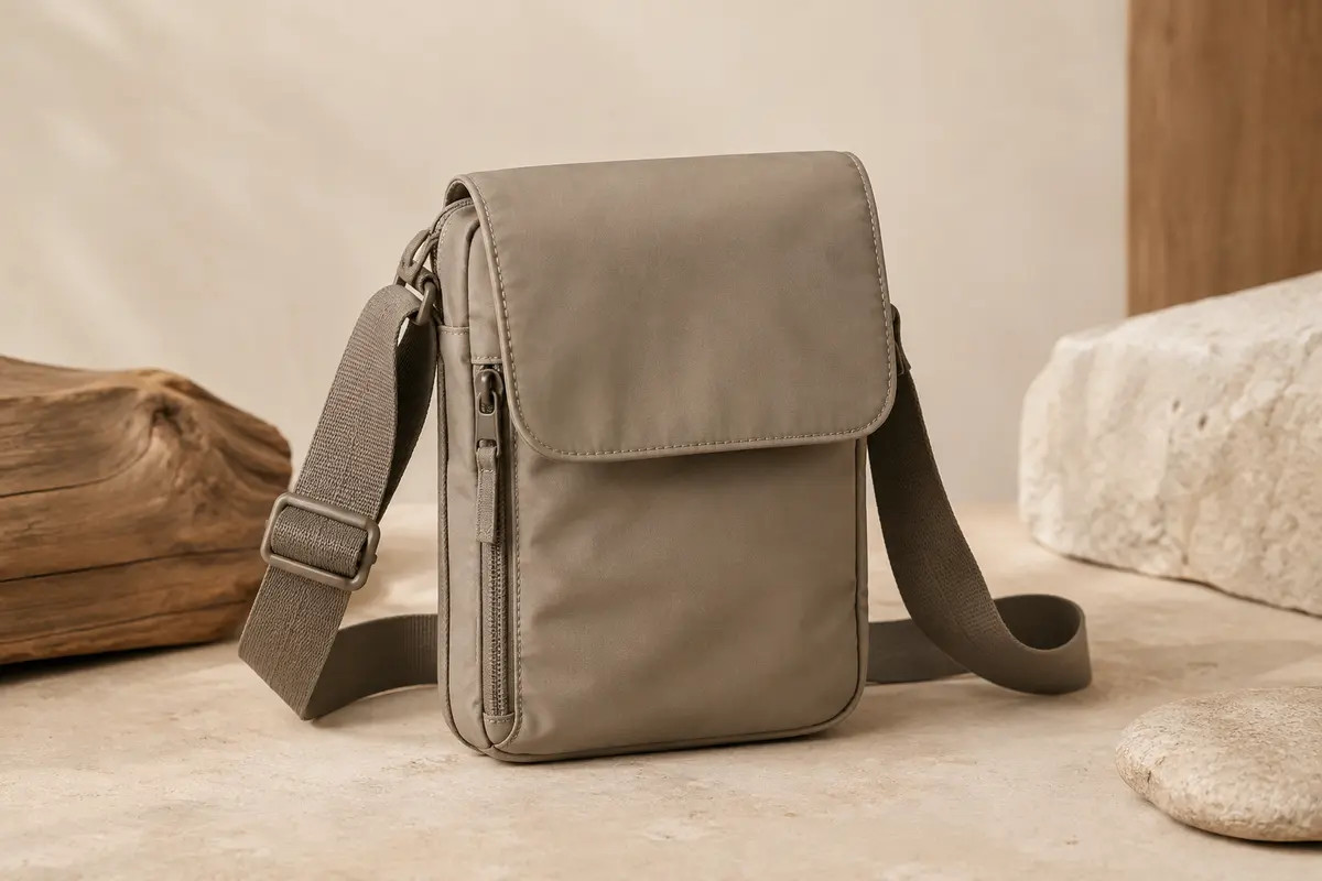 Petit sac bandoulière en nylon avec rabat et sangle réglable, présenté sur un fond ivoire et sable