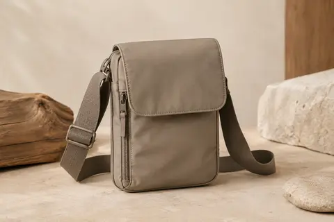 Petit sac bandoulière en nylon avec rabat et sangle réglable, présenté sur un fond ivoire et sable