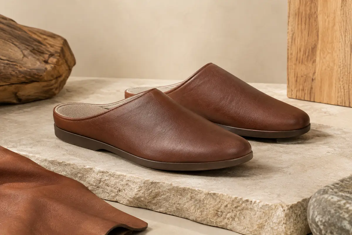 Paire de mules Josef Seibel Max à bout fermé, en cuir souple, posée sur une pierre mate