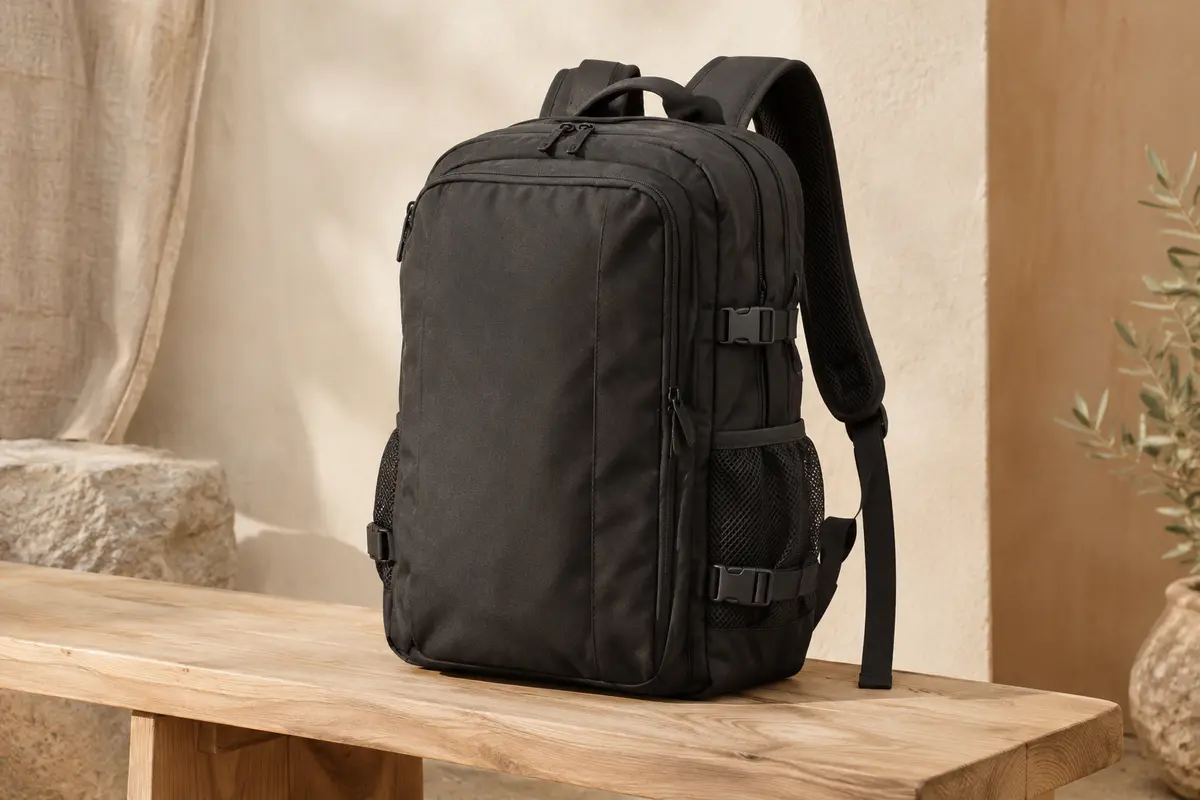 Sac à dos de voyage noir en polyester posé sur un banc en bois, avec ses bretelles rembourrées visibles.