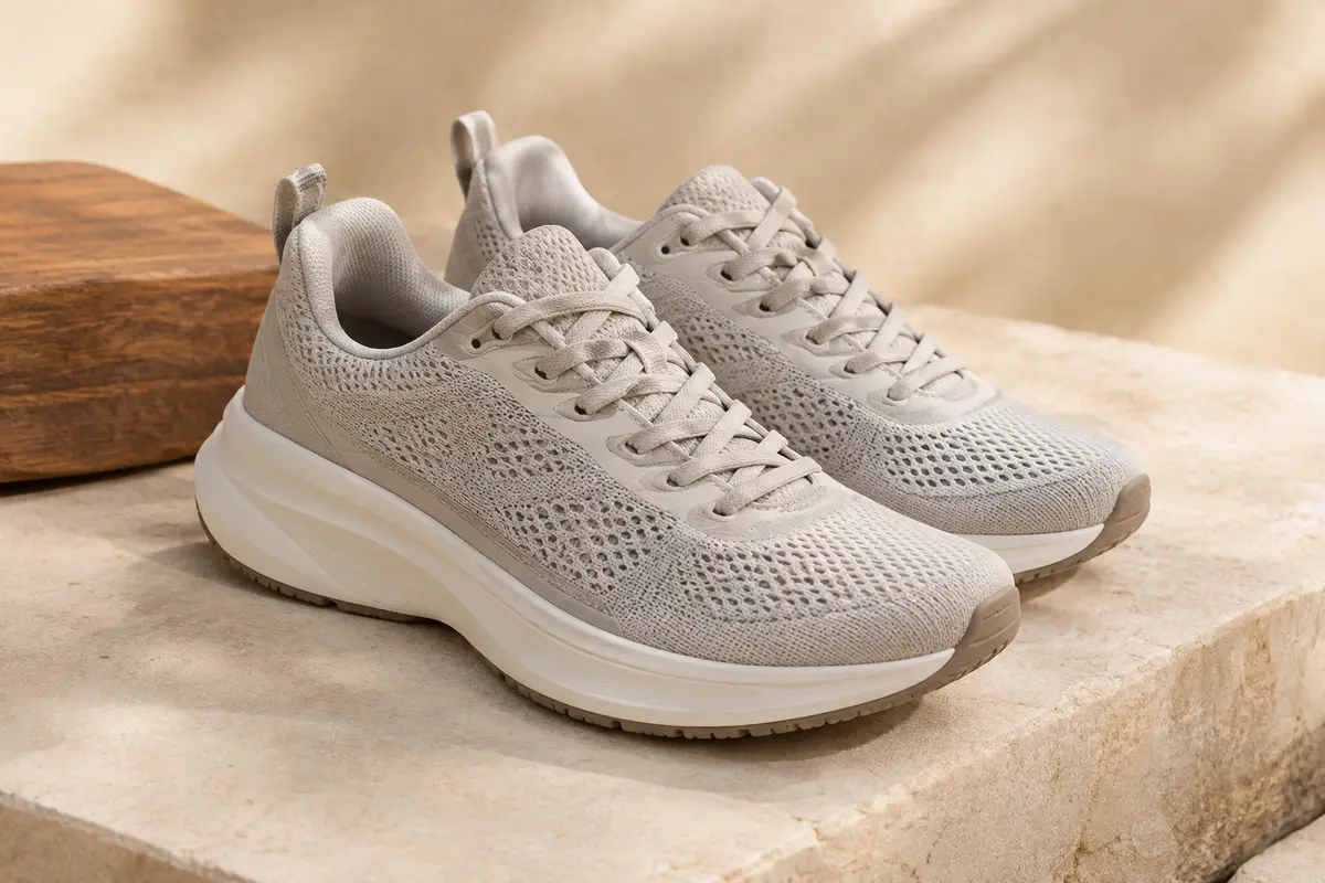 Paire de chaussures de running Koudyen à tige basse en maille synthétique, posée sur une pierre claire.