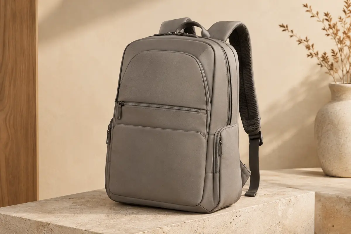 Sac à dos en tissu avec poches, compartiment rembourré et sangle pour valise sur fond clair