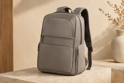 Sac à dos en tissu avec poches, compartiment rembourré et sangle pour valise sur fond clair