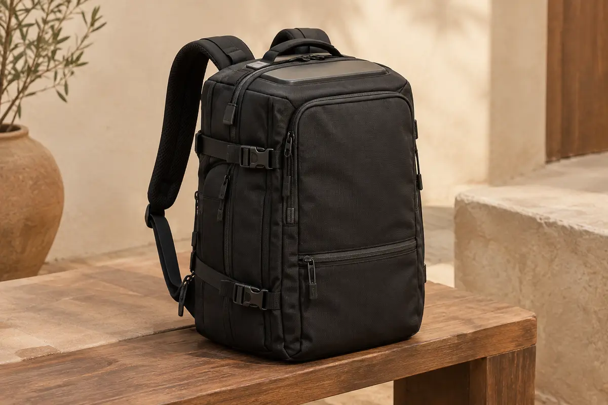 Sac à dos KROSER noir en nylon avec compartiments, bretelles rembourrées et zone rigide supérieure