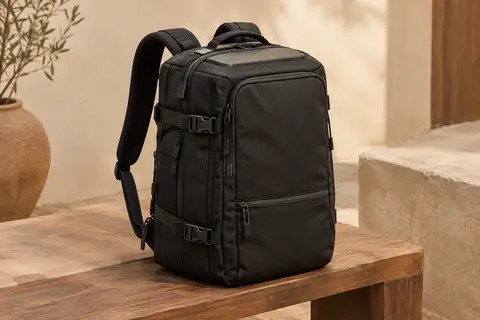 Sac à dos KROSER noir en nylon avec compartiments, bretelles rembourrées et zone rigide supérieure