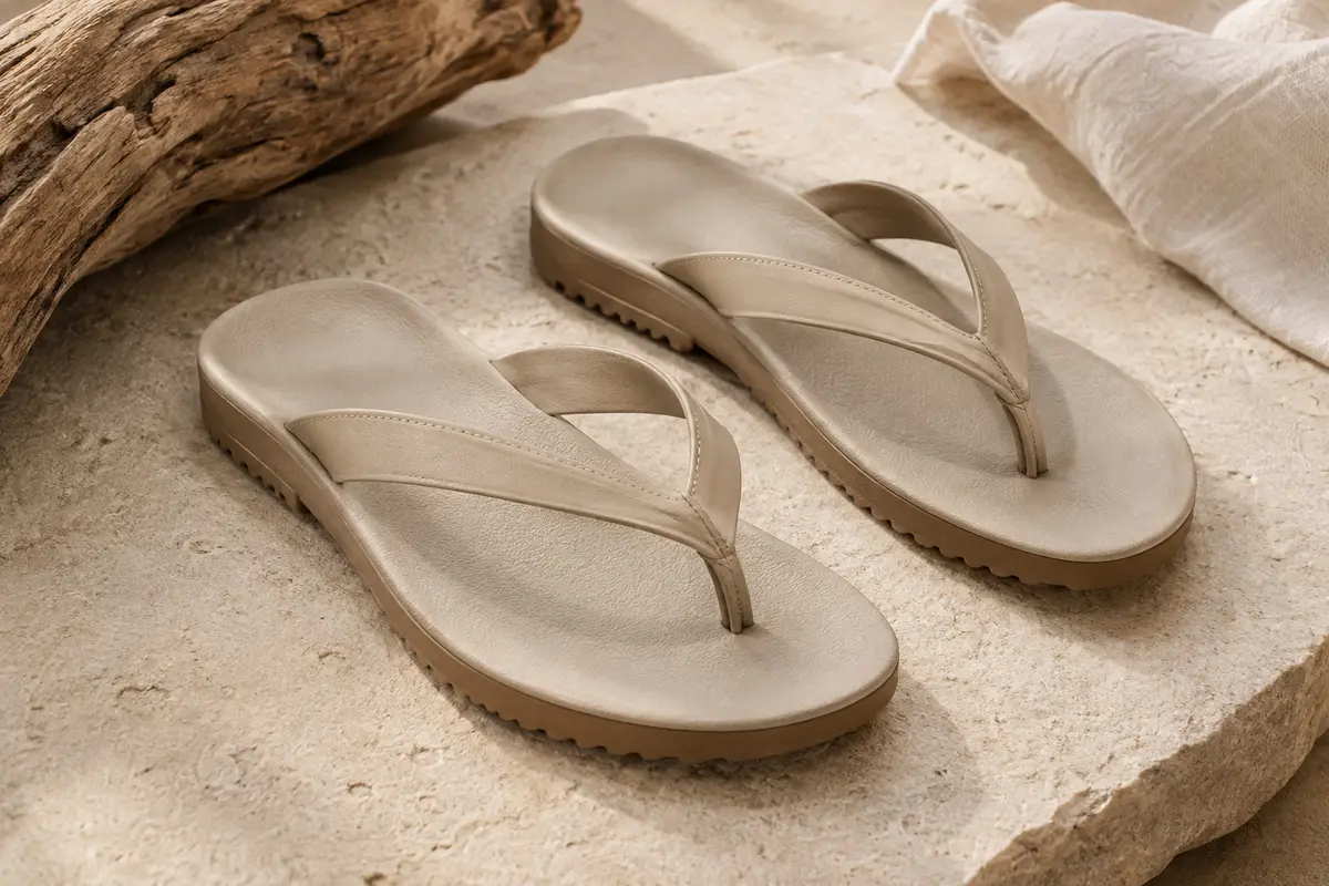 Paire de sandales tong KuaiLu pour femme à enfiler, avec bride entre-doigts et semelle extérieure texturée.