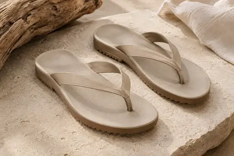 Paire de sandales tong KuaiLu pour femme à enfiler, avec bride entre-doigts et semelle extérieure texturée.