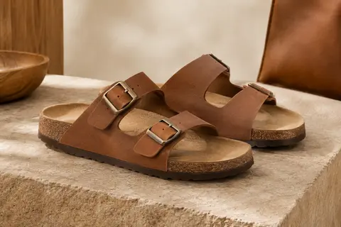 Paire de mules ouvertes à boucles réglables présentée sur un fond sable aux tons chauds