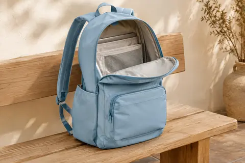 Sac à dos de voyage bleu ciel Lossga avec bretelles rembourrées, poche latérale et ouverture large.