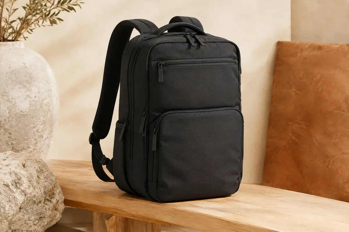 Sac à dos d’ordinateur MATEIN noir en polyester, posé sur un banc en bois clair.