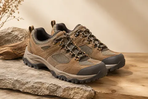 Paire de chaussures basses de randonnée en daim et mesh posée sur une surface de pierre mate
