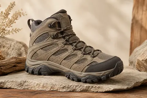 Chaussure de randonnée montante en daim et mesh avec semelle Vibram, posée sur une pierre mate