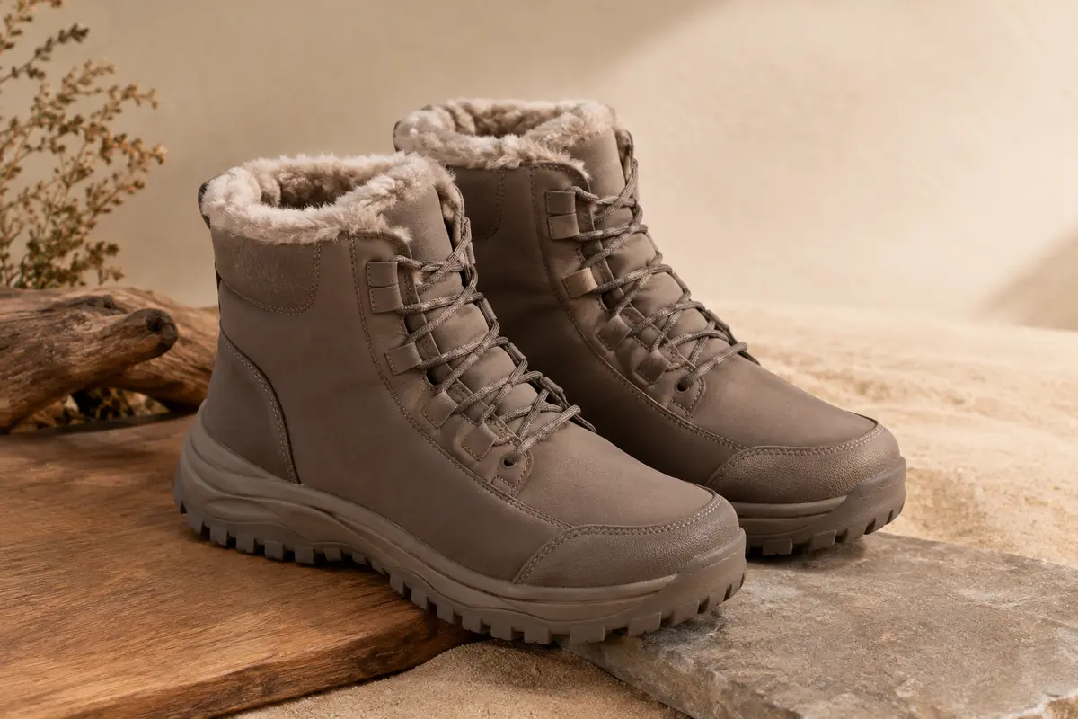 Paire de bottines d’hiver à doublure en peluche et semelle texturée posée sur un fond de bois et de pierre