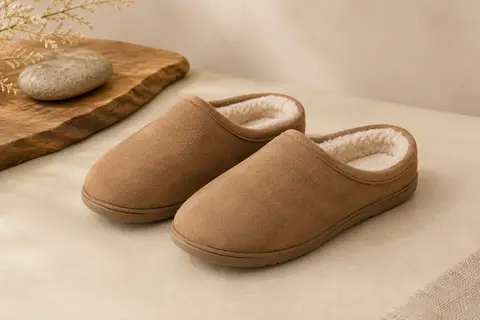 Paire de chaussons d’intérieur brun clair en faux suède avec doublure douce en polaire.