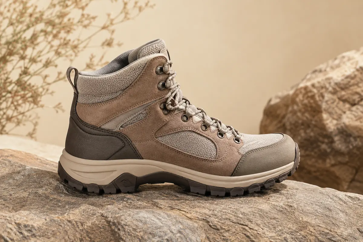 Chaussure montante de randonnée en cuir, daim et maille, avec une semelle extérieure en caoutchouc