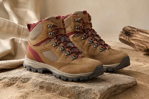 Paire de chaussures de randonnée montantes en daim et textile, tons Elk et rouge, posée sur une pierre mate.