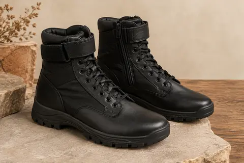 Paire de bottines militaires noires pour homme en cuir et nylon, avec lacets et zip latéral