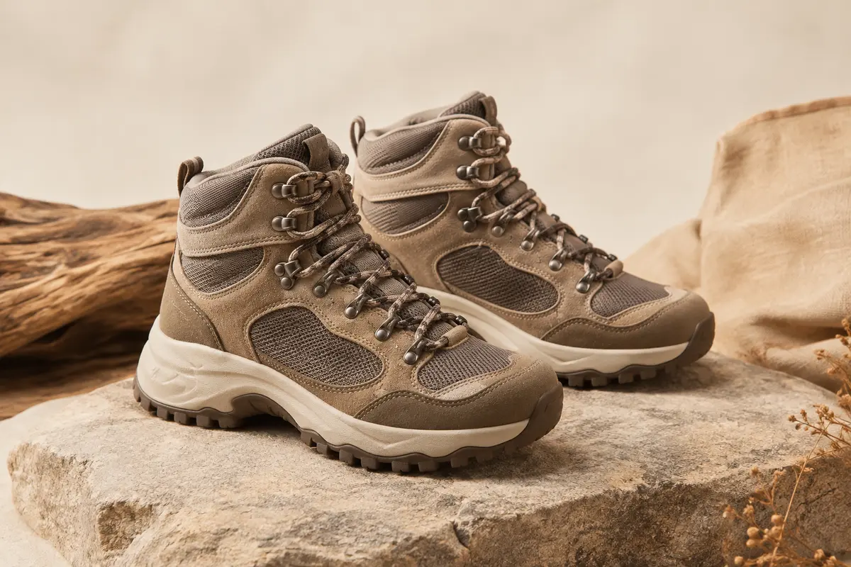 Paire de chaussures de randonnée montantes en suède et maille, posée sur une pierre mate