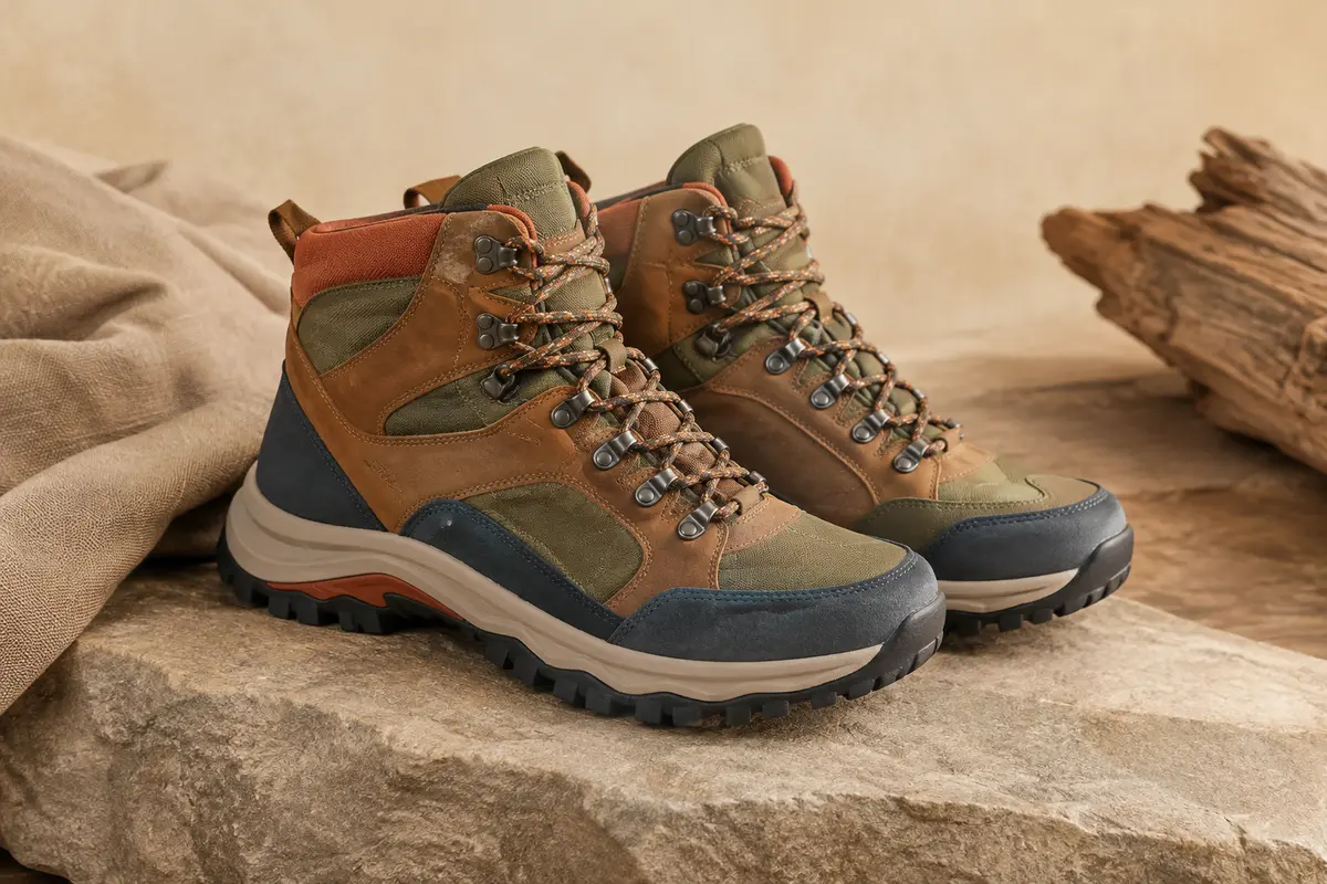 Paire de chaussures de randonnée montantes en simili cuir multicolore posée sur une pierre mate