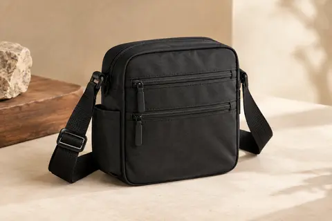 Sac bandoulière noir compact avec plusieurs poches zippées et une bandoulière réglable, posé sur un fond ivoire.