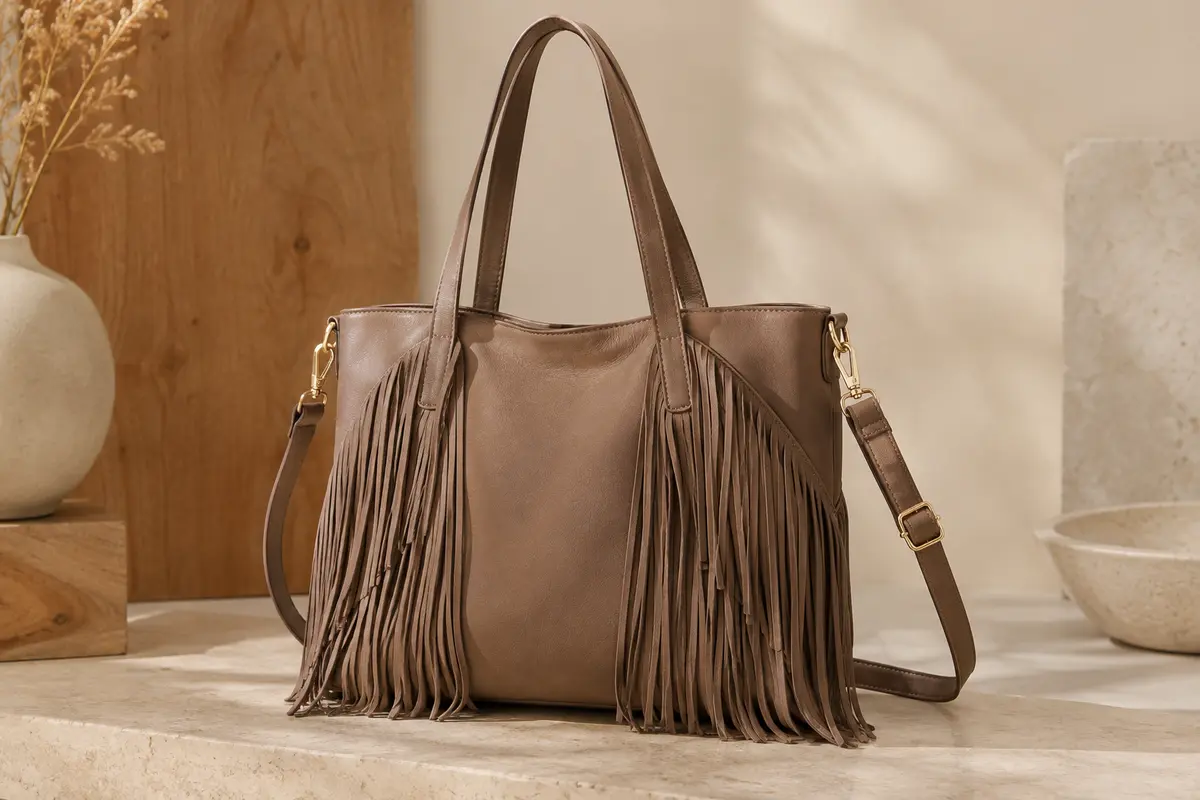 Sac cabas à franges en PU avec anses plates, bandoulière réglable et détails métalliques couleur or.