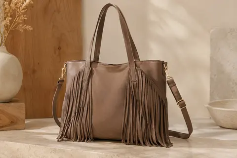 Sac cabas à franges en PU avec anses plates, bandoulière réglable et détails métalliques couleur or.