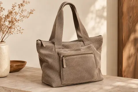 Sac cabas Prite en velours côtelé avec poche avant et fermeture éclair, posé sur un fond clair.