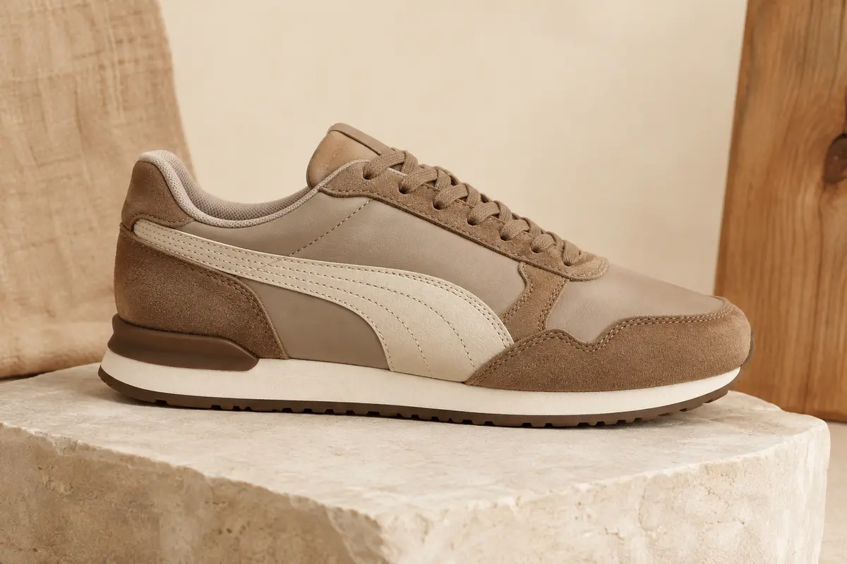 Basket basse PUMA ST Runner V3 en cuir lisse, posée sur une surface minérale claire aux tons naturels.