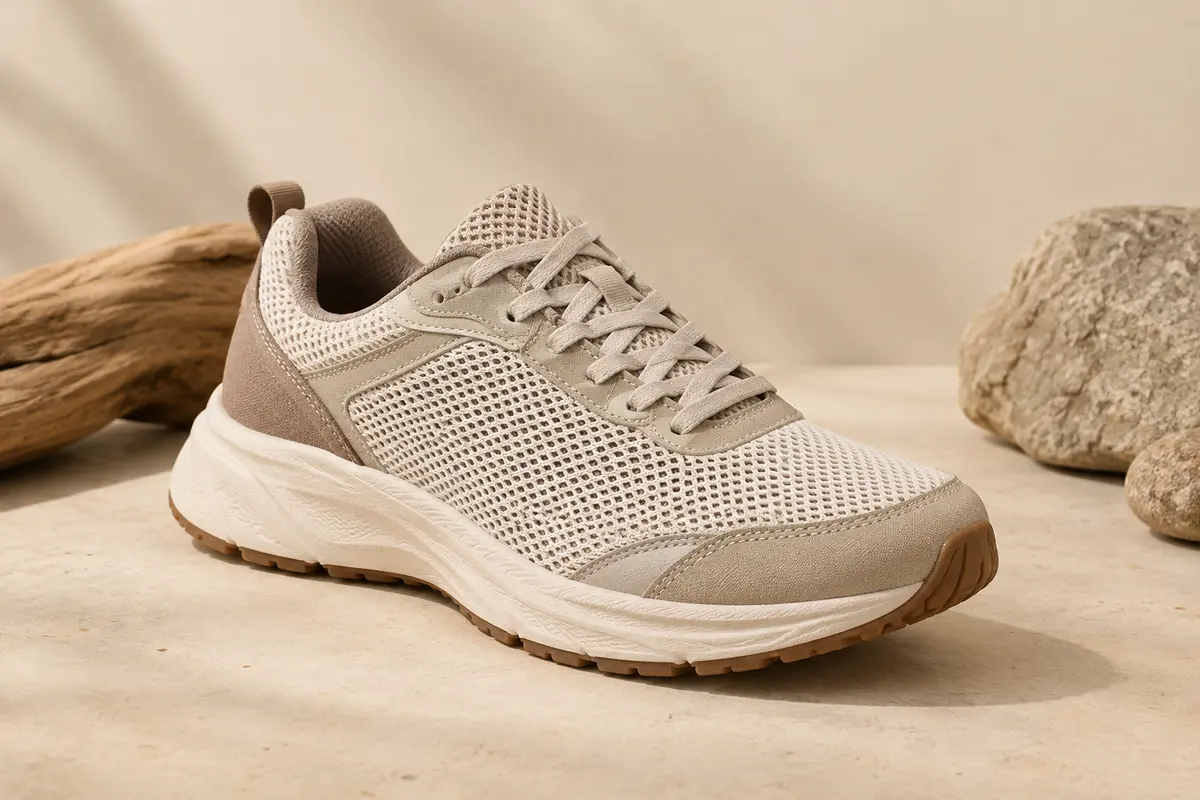 Chaussure de running basse à tige en mesh et semelle en caoutchouc sur un fond ivoire