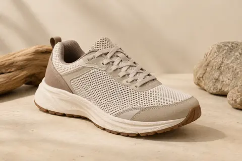Chaussure de running basse à tige en mesh et semelle en caoutchouc sur un fond ivoire