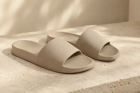 Paire de mules slide à sangle souple et semelle moulée, posée sur une pierre mate claire
