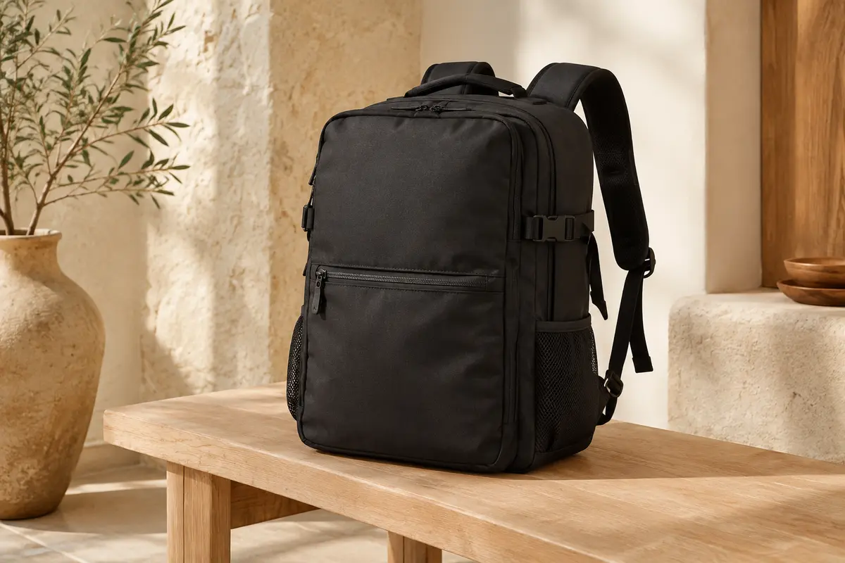 Sac à dos de voyage noir en polyester, avec poches multiples et bretelles rembourrées, posé sur un fond sable.