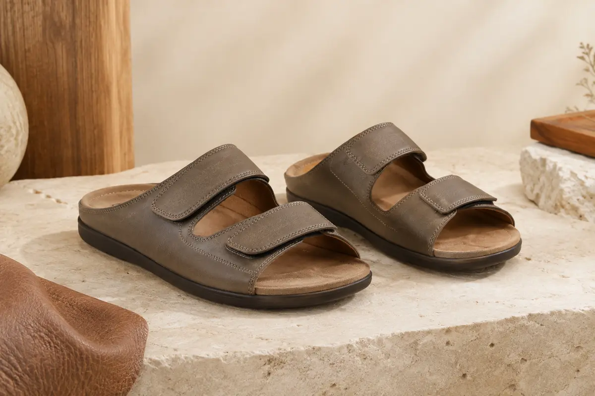 Mules Rieker pour homme à bout ouvert, en cuir, avec brides réglables par Velcro et talon bas.
