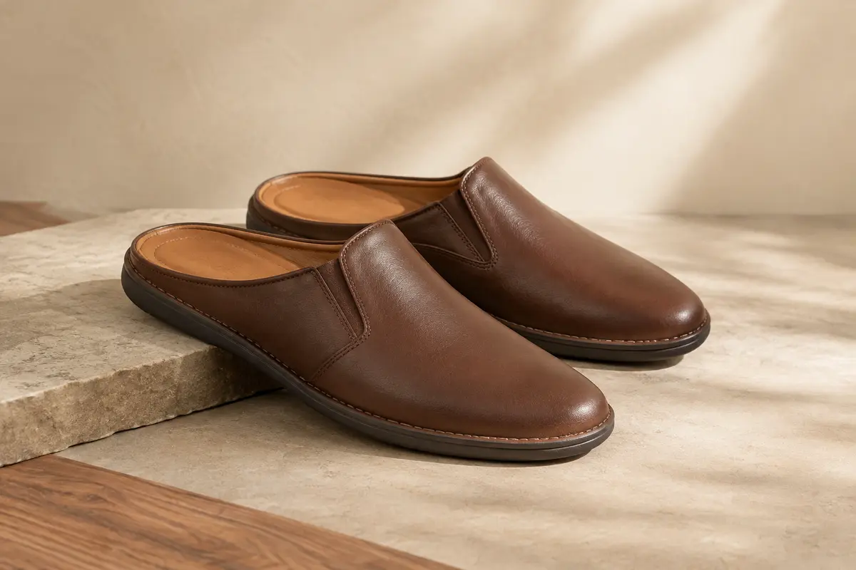 Mule-chausson pour homme en cuir présentée sur un fond sable avec des textures naturelles