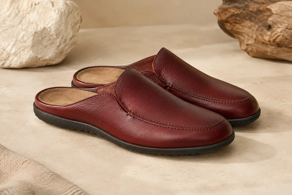 Mules pour homme en cuir rouge vin, posées sur une pierre mate claire dans une lumière douce.