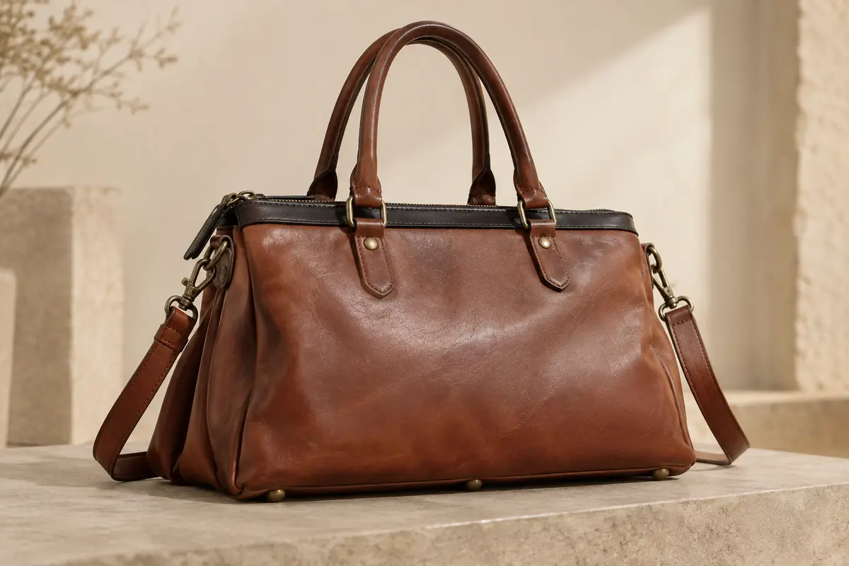 Sac à main horizontal en cuir de vachette avec doubles poignées, bandoulière amovible et détails métalliques bronze.